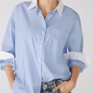 LOFT Blue and White Striped Button-Up Tunic Shirt